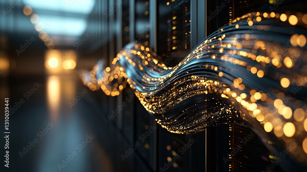 Poster a working data center is shown with rows of rack servers connected by ethernet connection visualizat
