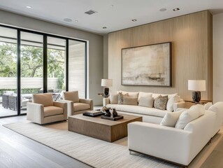 Contemporary living room showcases modern furniture with neutral tones and art