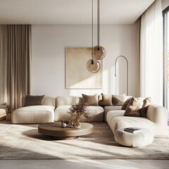 A modern living room features a comfortable sectional sofa and decor