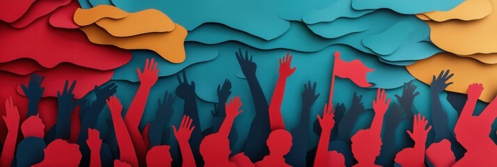 Powerful paper art design representing activism with layered silhouettes of a crowd in vibrant colors Generative AI