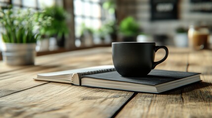 Morning Coffee and Journal: Rustic Still Life on Wooden Table (97 characters)