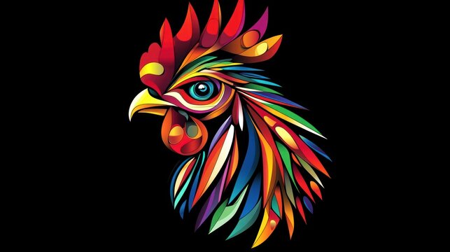 Colorful rooster head profile, dark background, art illustration, design element