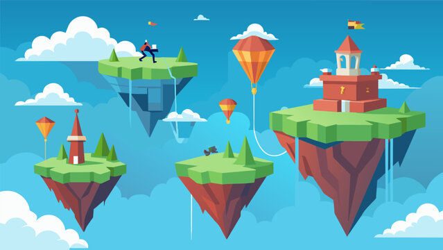 The floating islands of Skytopia offer an exhilarating fitness experience with aerial adventure courses and challenges that test players balance and. Vector illustration