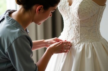 Bride preparing for wedding ceremony with elegant white gown
