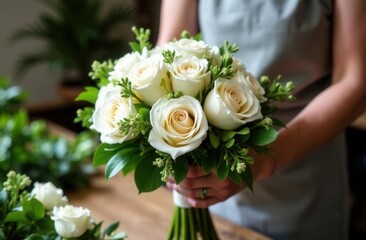 Elegant wedding bouquet with white roses and greenery for ceremony decor