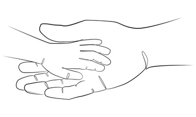 A child's hand holding the hand of an adult man, a father. One line drawing on white isolated background. International Children's Day, Father's Day