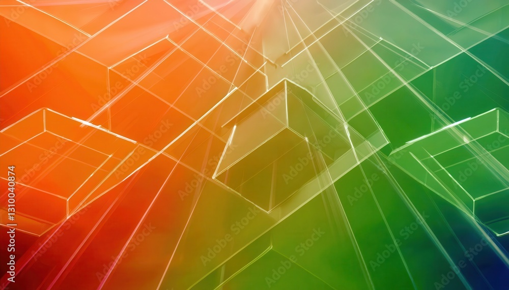 Poster transparent geometric cube grid with vibrant gradient hues of orange, green, and blue, creating a fu