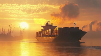 Obraz premium Cargo ship navigating busy waterway urban channel marine transport dynamic environment aerial view maritime traffic