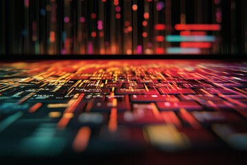 Fototapeta premium A close-up view of a laptop keyboard illuminated with glowing digital patterns and futuristic red and orange light streaks. 