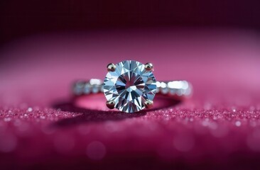Fototapeta premium Elegant engagement ring on luxurious pink fabric for wedding design