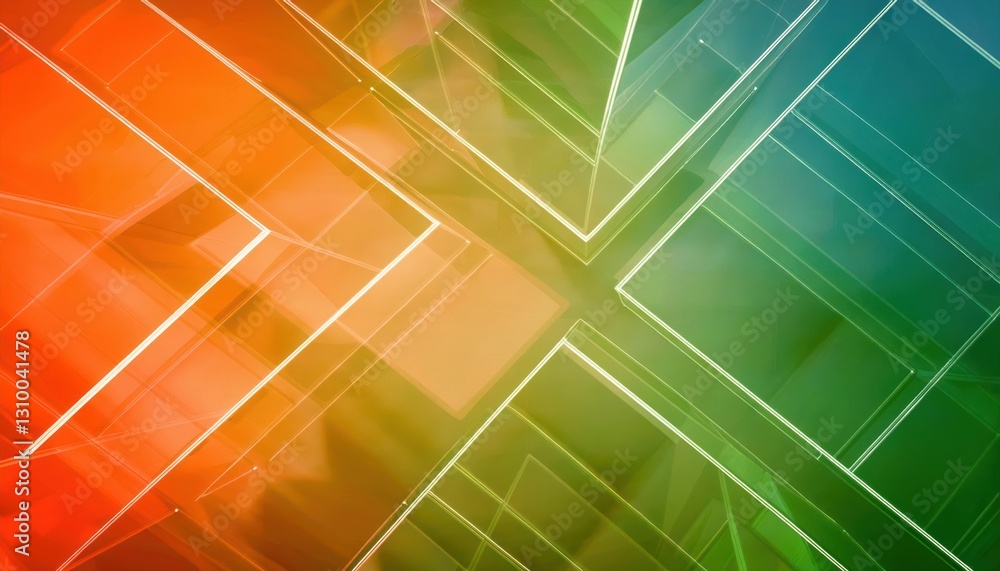 Poster transparent geometric cube grid with vibrant gradient hues of orange, green, and blue, creating a futuristic abstract design

