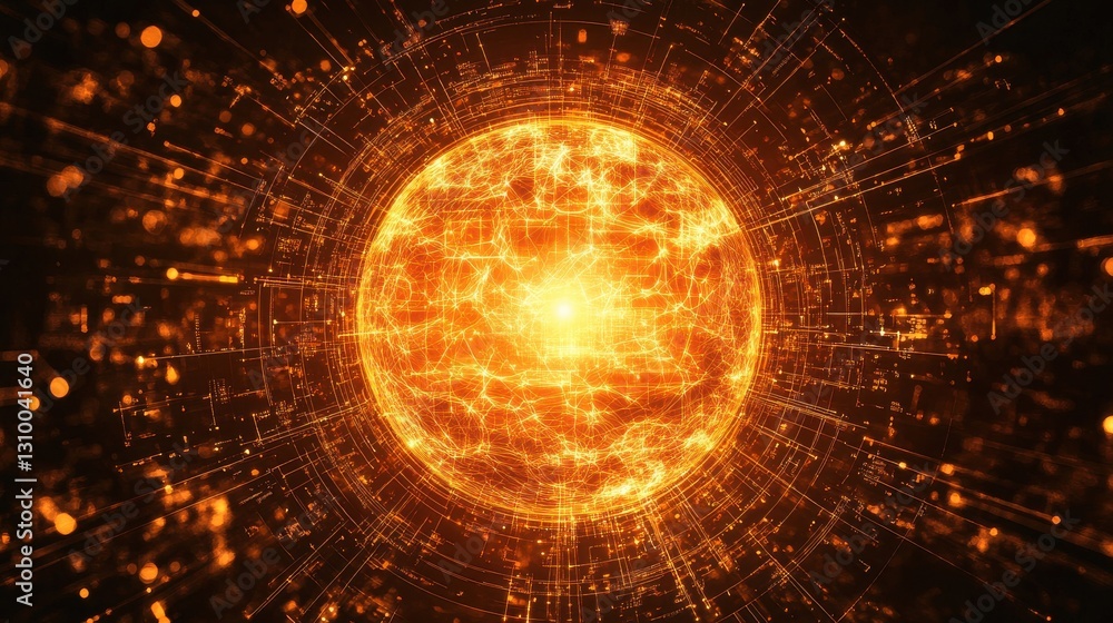 Aufkleber digital inferno: abstract glowing sphere with data streams and blurry particles in deep cybernetic s