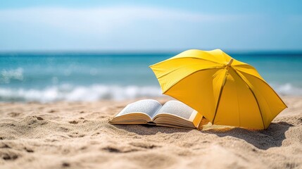 Beach Reading: Yellow Umbrella and Open Book by the Sea