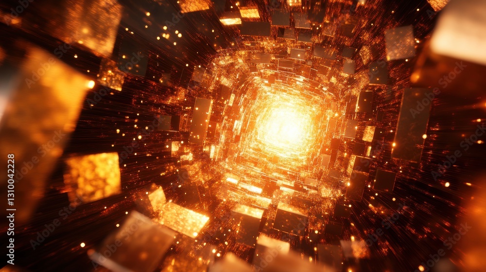 Poster golden square tunnel: a blazing path through abstract dimensions, bright light and metallic blocks