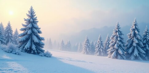 Fototapeta premium Fog rolls over snow-covered trees, frosty and still, peaceful, landscape, winter