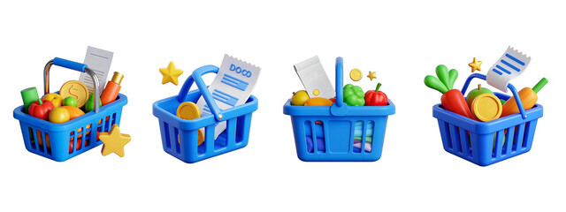 Blue shopping basket money 3d on PNG background.