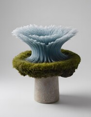 A uniquely designed piece of art featuring a fantastical blue wave-like structure on a moss-covered pedestal set against a white background.