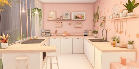 A modern and stylish kitchen decorated with pink hues and plants