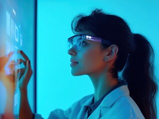 Woman interacts with a futuristic touchscreen interface