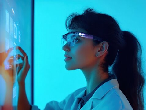 Woman interacts with a futuristic touchscreen interface