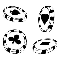 Doodle style poker chips. Hand drawn. Card suits of spades, buba, cross, hearts. Vector stock illustration. Isolated on white background. 