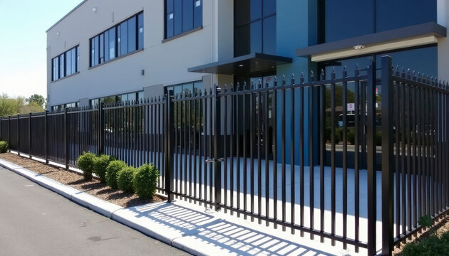 Modern commercial building with a sleek fence and landscaped area in bright daylight