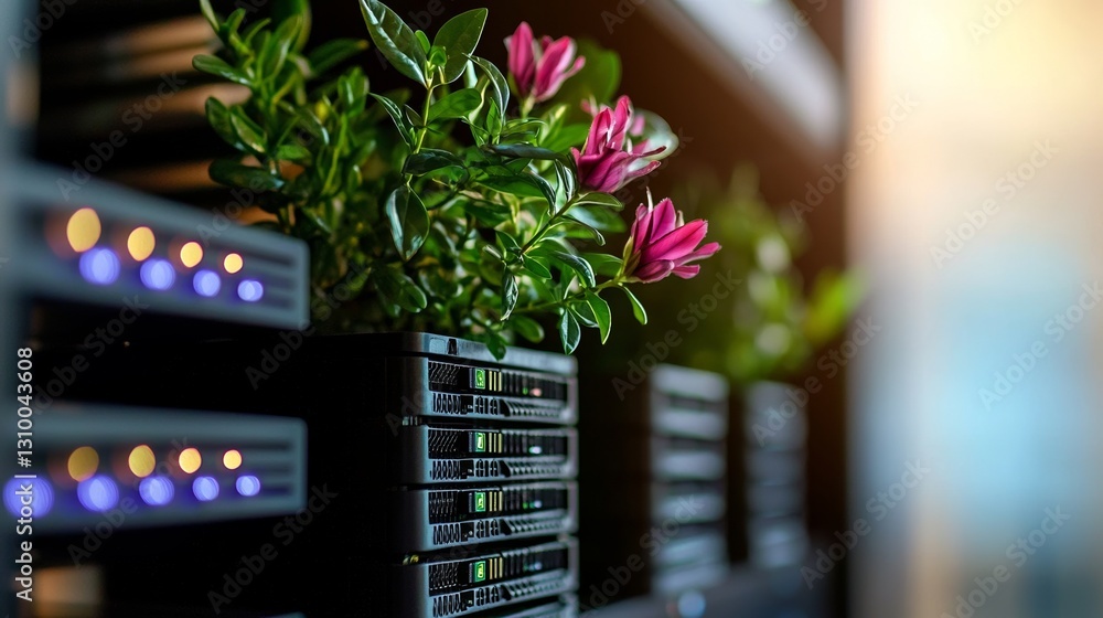 Poster a modern telecommunications setting featuring a dark data center with multiple rows of fully operati