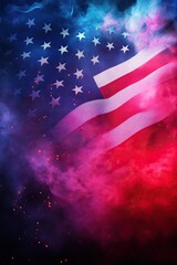 American flag with glowing red and blue smoke creating a patriotic and dramatic atmosphere