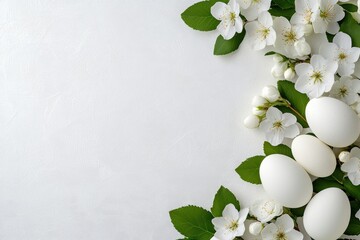 A Beautiful and Artistic Arrangement of Pure White Eggs and Fresh Spring Blossoms Perfectly Crafted for Joyous Easter Celebrations Brimming with Color and Life, Enhancing the Spirit of the Season