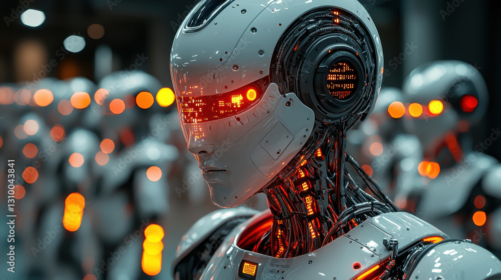 Poster security checkpoint in 2050 featuring ai facial recognition and robotic enforcement