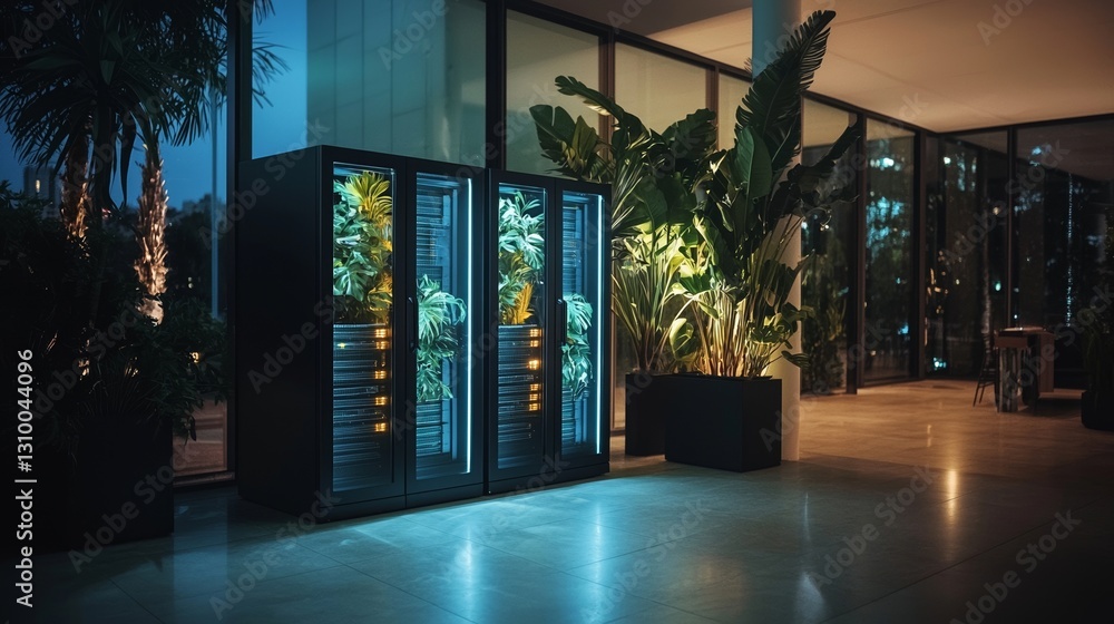 Poster fully operational server racks line a dark data center in this modern telecommunications setting, em