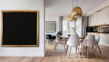 Minimalist Dining Room Ambiance Modern Black Poster on Light Wall, Complementing White Furniture with Golden Accents, Radiating Sophistication and Elegance.