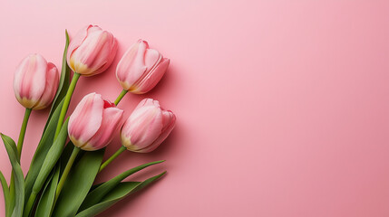 Flat lay of fresh pink tulips on a soft pastel pink