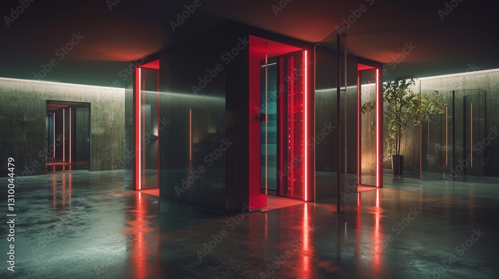 Poster a modern telecommunications concept is depicted in a dark setting with neon blue and pink lights, fe