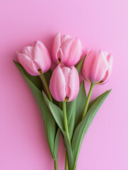 Fototapeta premium Flat lay of fresh pink tulips on a soft pastel pink