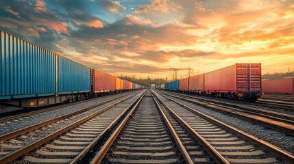 Fototapeta premium Loading freight containers onto railway wagons transportation hub industrial process rail yard aerial view logistics management