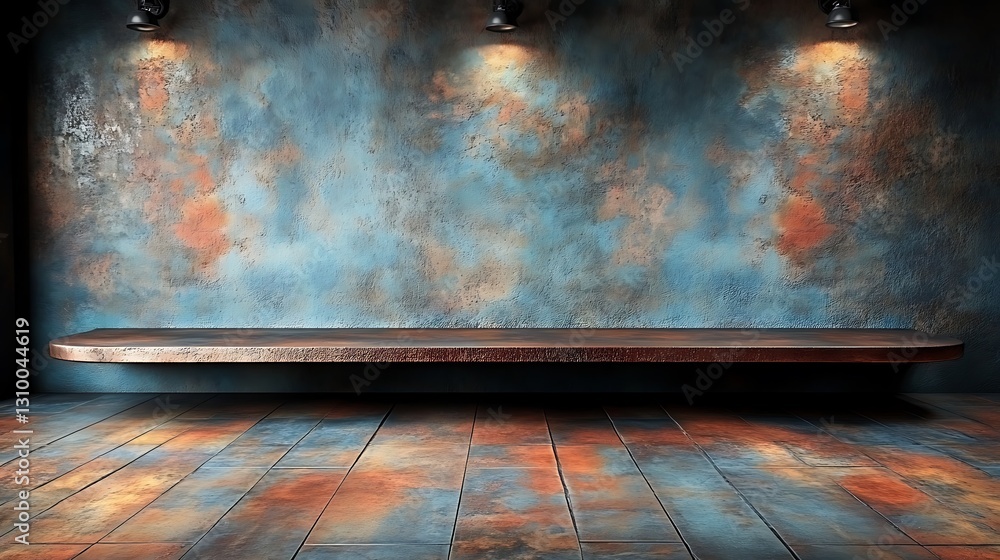 Poster a rustic wall and shelf with three lights shining down