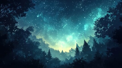 Fototapeta premium A mesmerizing night sky unfolds in rich blue-green hues, accented by subtle yellows and whites. Scattered stars sparkle like diamonds, illuminating an infinite celestial canvas