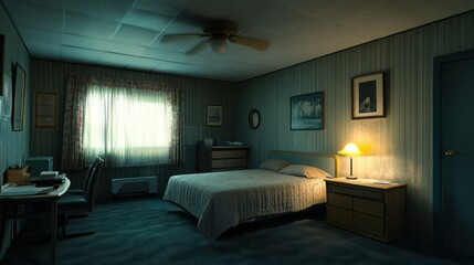 Dimly Lit Motel Room at Night