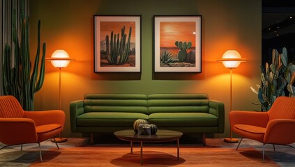 Modern, warm living room with desert theme art, orange and green furniture.