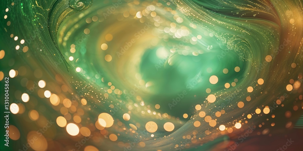 Poster swirling patterns of green and gold create a mesmerizing visual effect in an abstract design