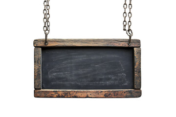 Rustic wooden hanging blackboard sign blank chalkboard template old dark on transparent background