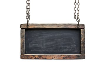 Rustic wooden hanging blackboard sign blank chalkboard template old dark on transparent background
