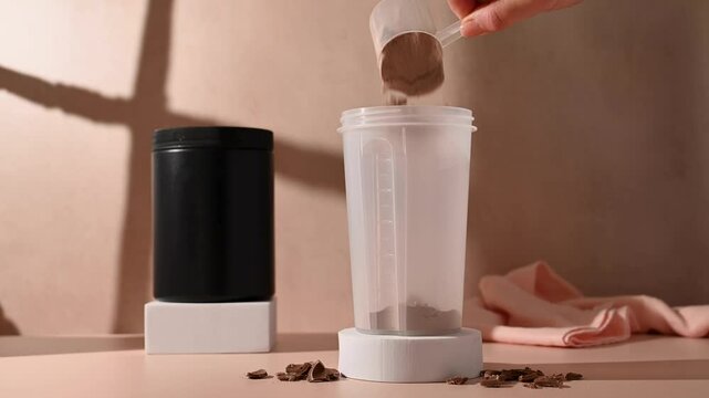 Chocolate protein powder, making a shake. Food supplement, fitness sport, health and nutrition.
