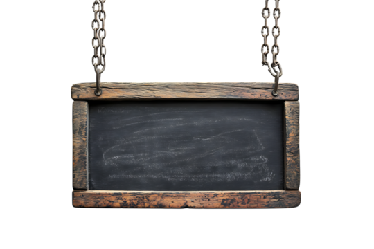Rustic wooden hanging blackboard sign blank chalkboard template old dark on transparent background