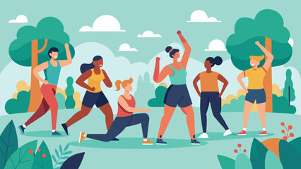 Fototapeta premium A diverse group of people all dressed in athletic wear come together in a park to participate in a fun and challenging outdoor aerobics marathon.. Vector illustration