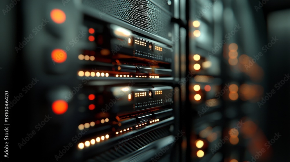 Aufkleber the camera moves through a data center, capturing a close-up view of server equipment racks in a sea