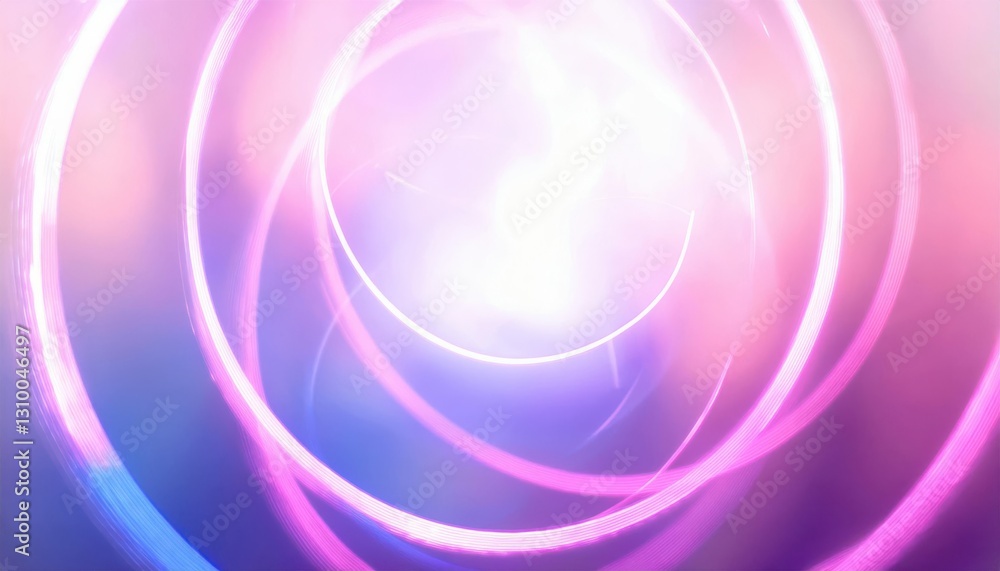 Poster glowing neon pink and purple concentric circles with soft gradient background, abstract light motion