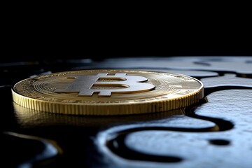 Bitcoin coin on dark, reflective surface