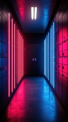 Fototapeta premium Neon lights illuminate a futuristic corridor with rows of metallic lockers, creating a vibrant, symmetrical scene